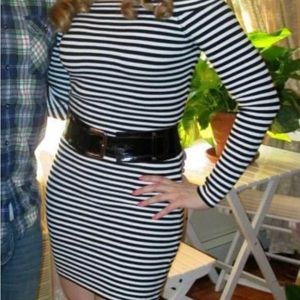 Black and white striped boat neck long sleeved mini sweater dress